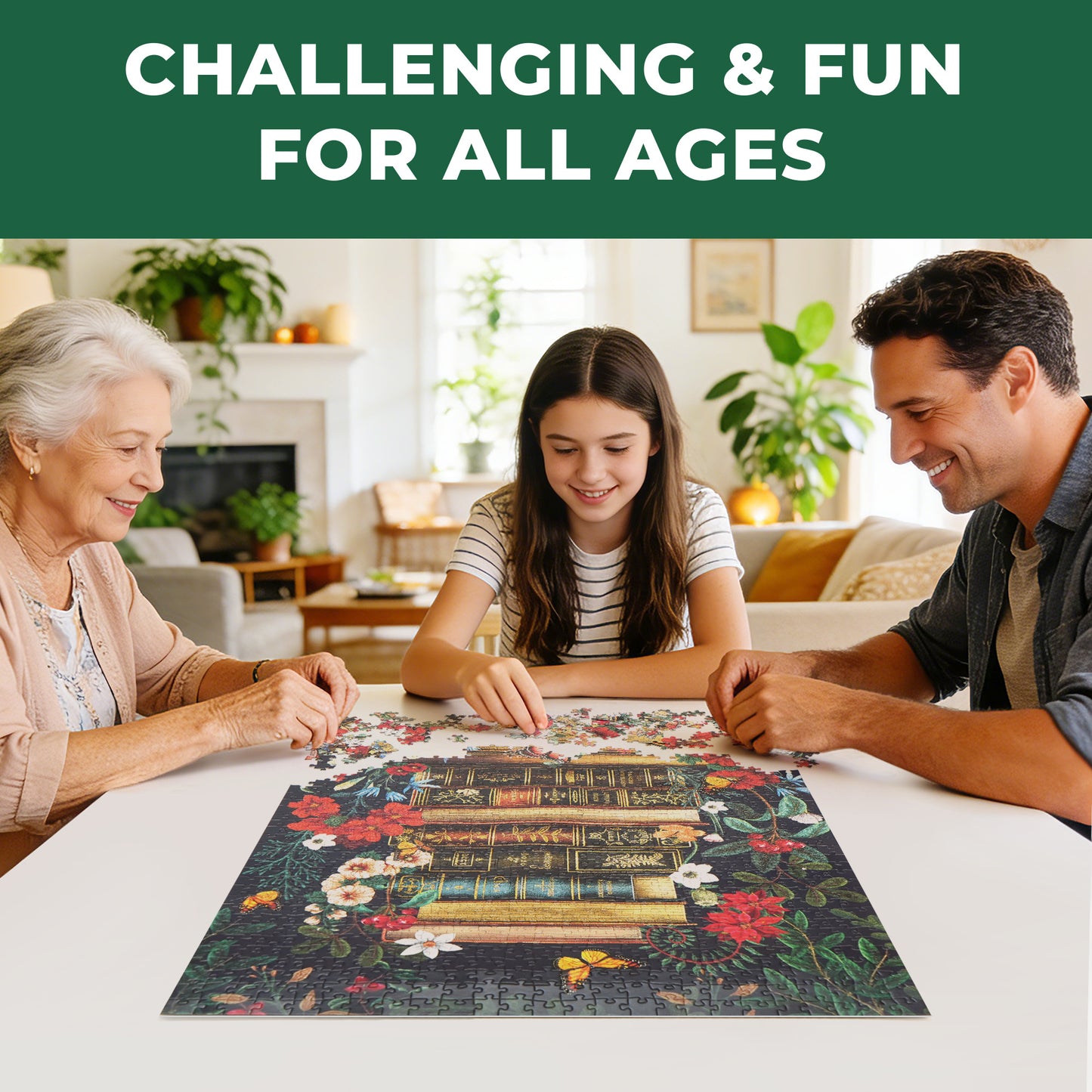BenBen 1000 Pieces Puzzles for Adults, Vintage Books and Wildflower Jigsaw Puzzle Letters on Back