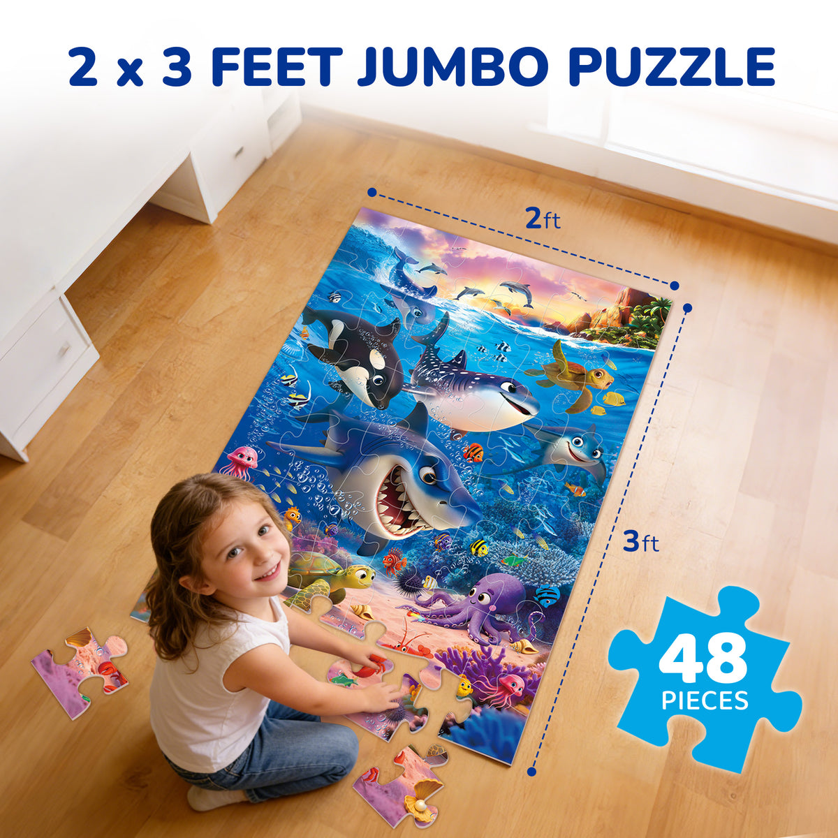 BenBen Floor Puzzles for Kids 3-6, 48 Piece Underwater Ocean Large Jigsaw Puzzles for Toddlers 2-4