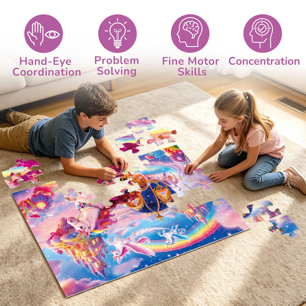 BenBen Floor Puzzles for Kids Ages 3-6, 48 Piece Unicorn Large Jigsaw Puzzles for Toddlers 2-4