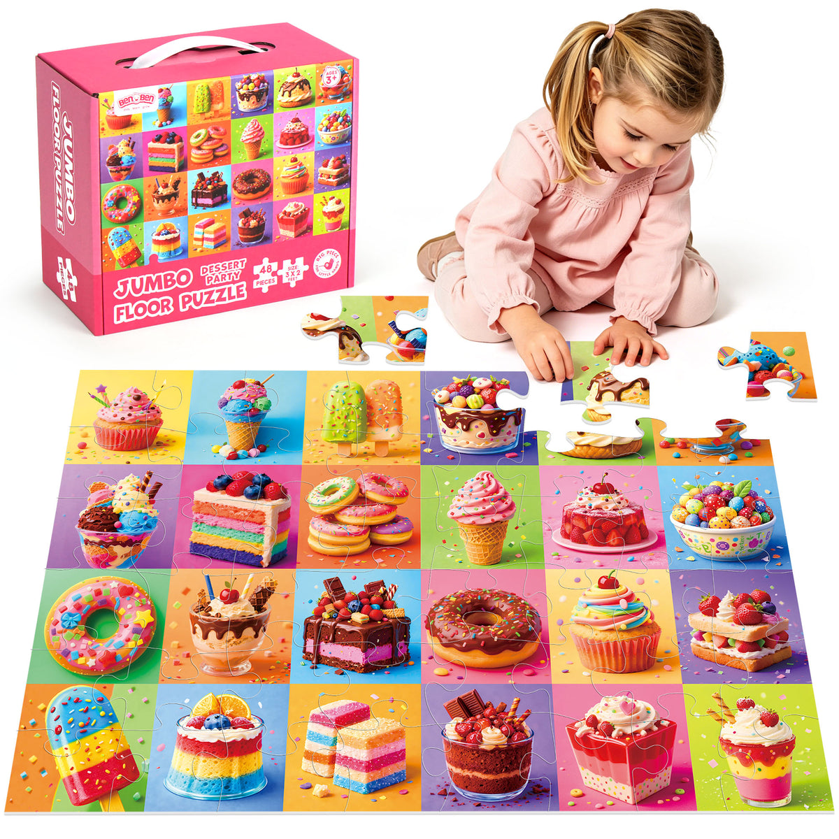 BenBen Floor Puzzles for Kids 3-6, Dessert Party, 48 Piece Large Jigsaw Puzzles for Toddlers 2-4