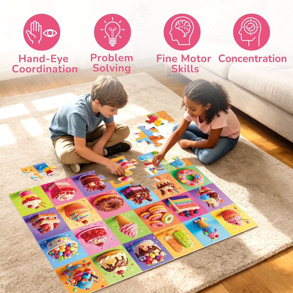 BenBen Floor Puzzles for Kids 3-6, Dessert Party, 48 Piece Large Jigsaw Puzzles for Toddlers 2-4