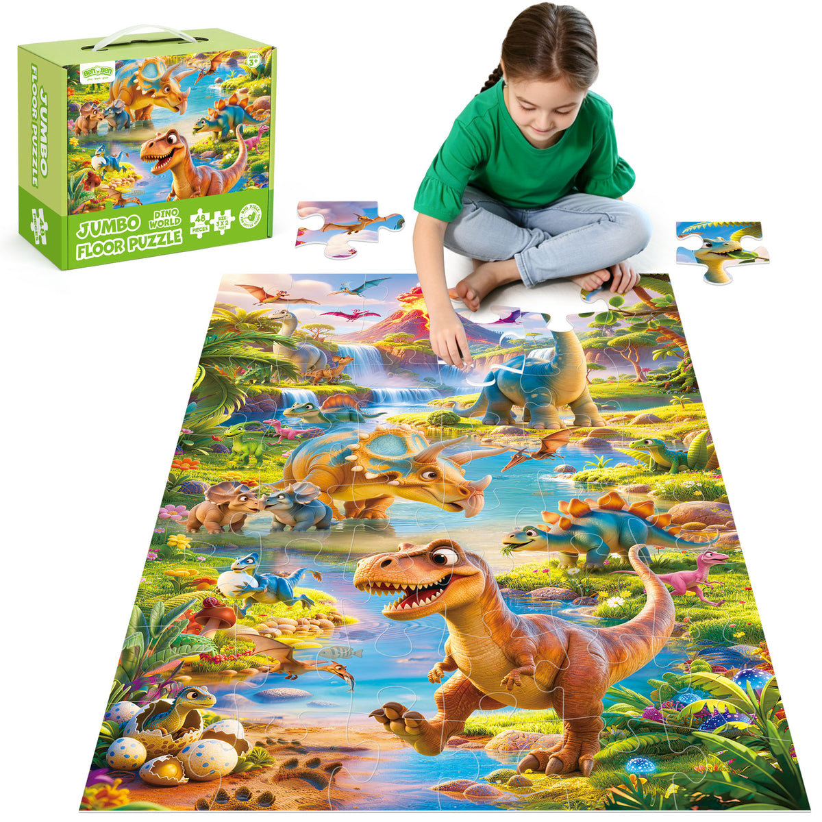 BenBen Floor Puzzles for Kids Ages 3-6, Dinosaur 48 Piece Large Jigsaw Puzzles for Girls Boys