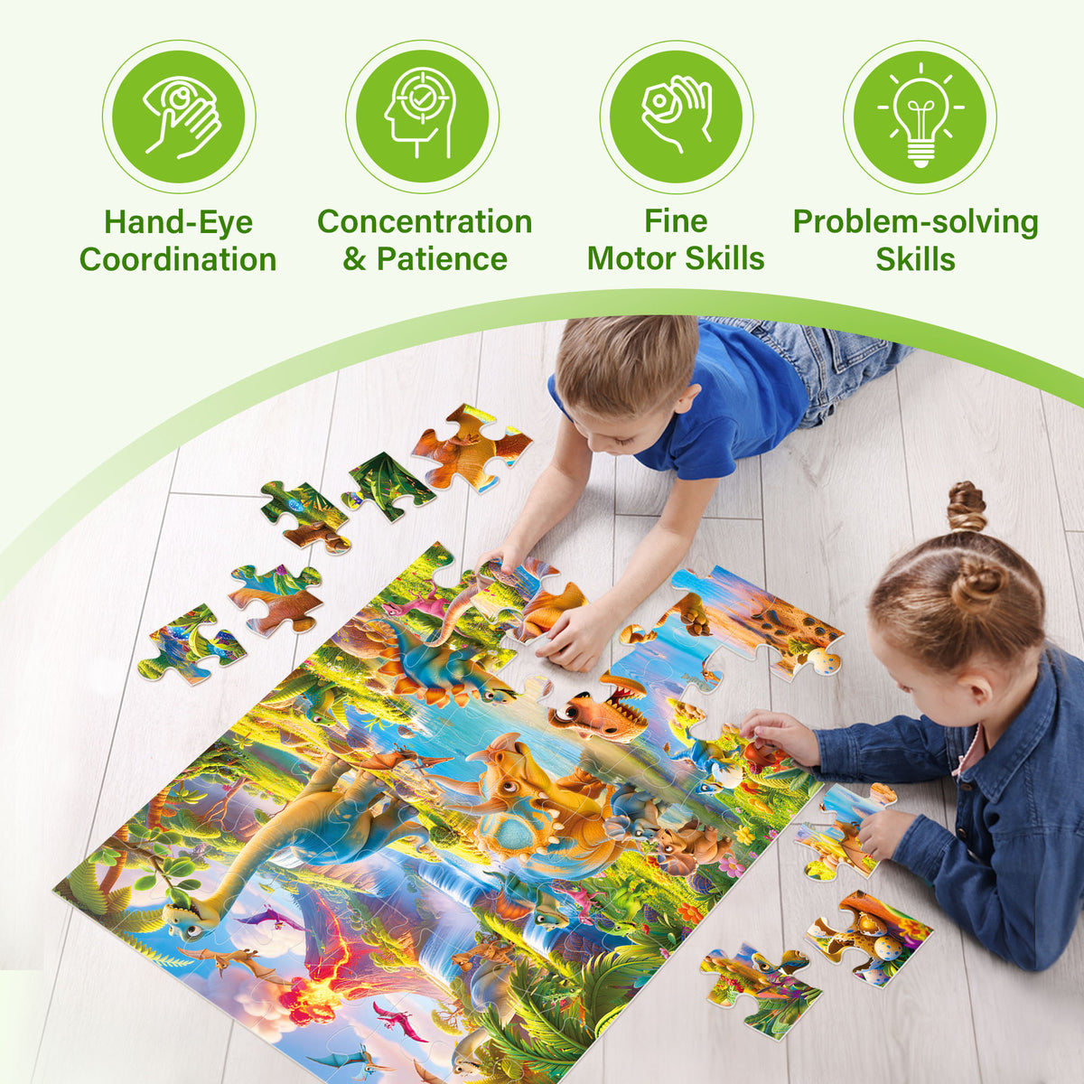 BenBen Floor Puzzles for Kids Ages 3-6, Dinosaur 48 Piece Large Jigsaw Puzzles for Girls Boys