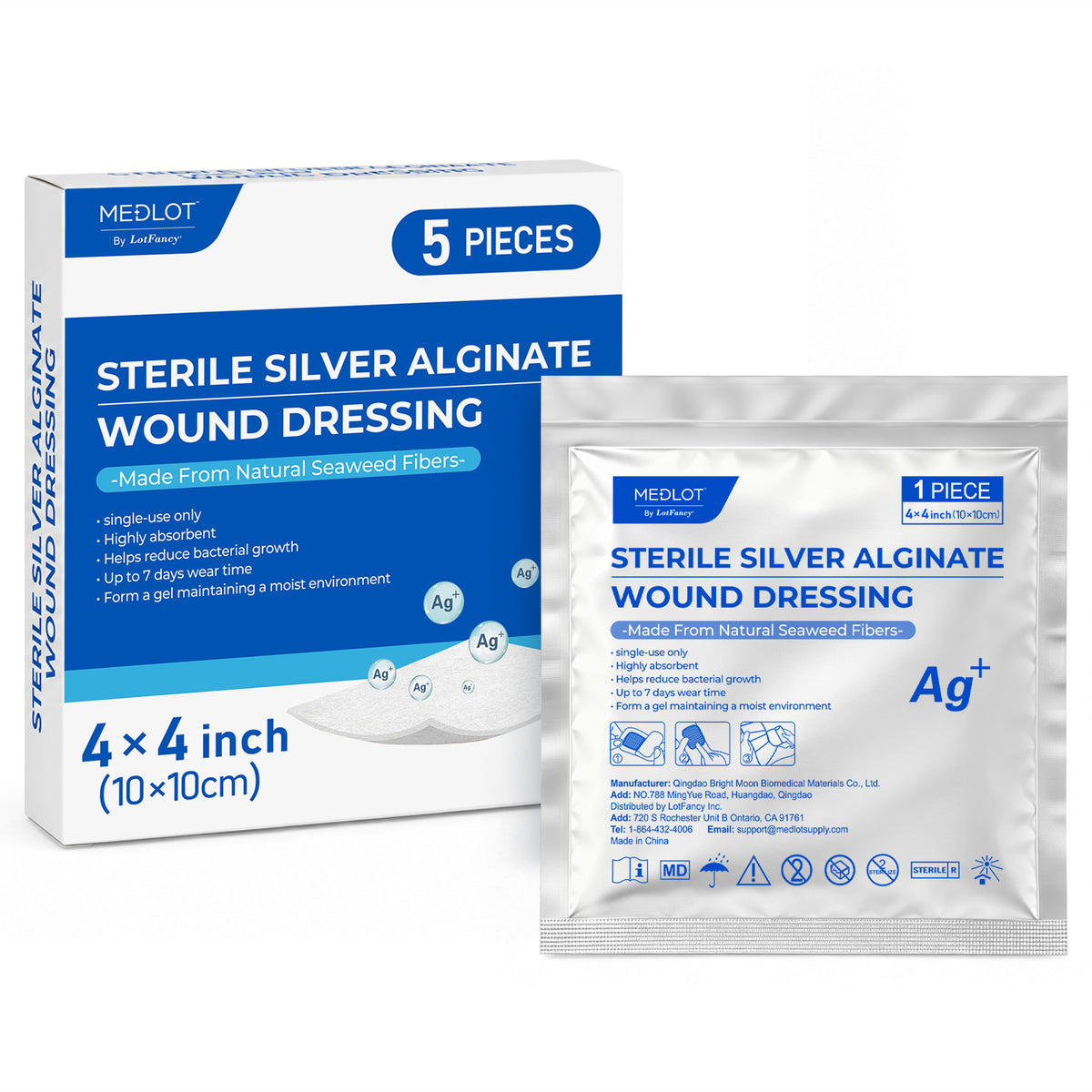 MEDLOT Silver Calcium Alginate Wound Dressing, 4" x 4", 5 Pack, Non-Stick Pads Sterile, Highly Absorbent Dressing with Antibacterial Ag Ions, for Exuding Wounds, Pressure Ulcers, Post-Surgery Care, White Gray