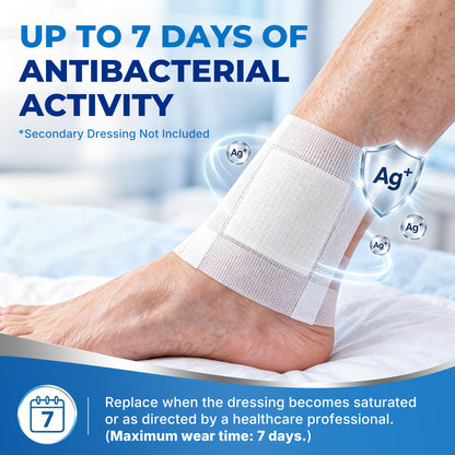 MEDLOT Silver Calcium Alginate Wound Dressing, 4" x 4", 5 Pack, Non-Stick Pads Sterile, Highly Absorbent Dressing with Antibacterial Ag Ions, for Exuding Wounds, Pressure Ulcers, Post-Surgery Care, White Gray