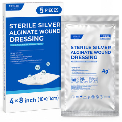 MEDLOT Silver Calcium Alginate Wound Dressing, 4" x 8", 5 Pack, Non-Adherent Pads Sterile, Highly Absorbent, Non-Stick Pads for Moderate to Heavy Exuding Wounds, Diabetic Pressure Ulcers, Post-Surgery Care, White Gray
