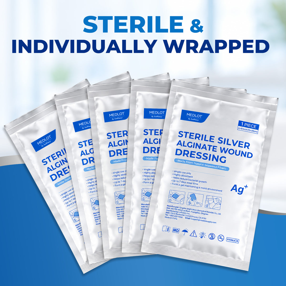 MEDLOT Silver Calcium Alginate Wound Dressing, 4" x 8", 5 Pack, Non-Adherent Pads Sterile, Highly Absorbent, Non-Stick Pads for Moderate to Heavy Exuding Wounds, Diabetic Pressure Ulcers, Post-Surgery Care, White Gray