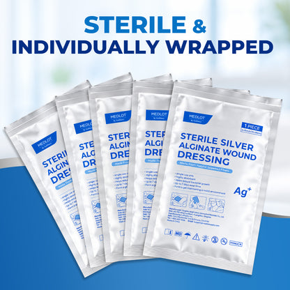 MEDLOT Silver Calcium Alginate Wound Dressing, 4" x 8", 5 Pack, Non-Adherent Pads Sterile, Highly Absorbent, Non-Stick Pads for Moderate to Heavy Exuding Wounds, Diabetic Pressure Ulcers, Post-Surgery Care, White Gray
