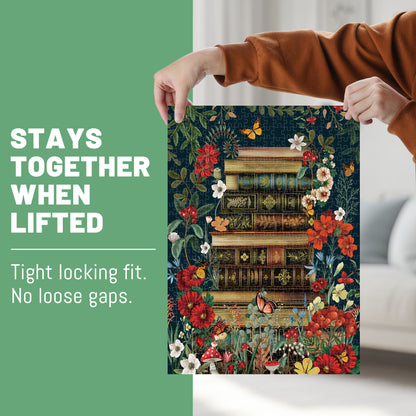 BenBen 500 Pieces Puzzles for Adults, Vintage Books and Wildflower Jigsaw Puzzle Letters on Back