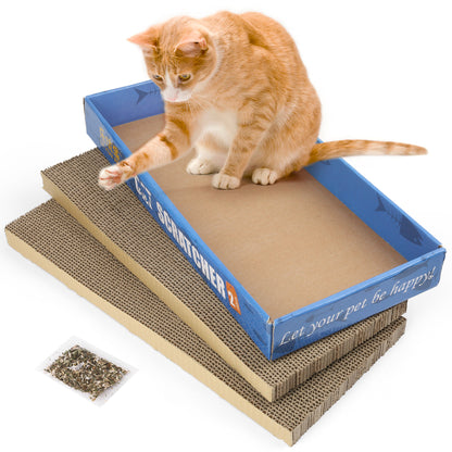 Prime Pets 3 in 1 Cat Scratcher Cardboard, Reversible Corrugated Cat Scratching Pad, Recycle Wave Curved Scratcher Board, Repalcement for Furniture Protector, Catnip Included