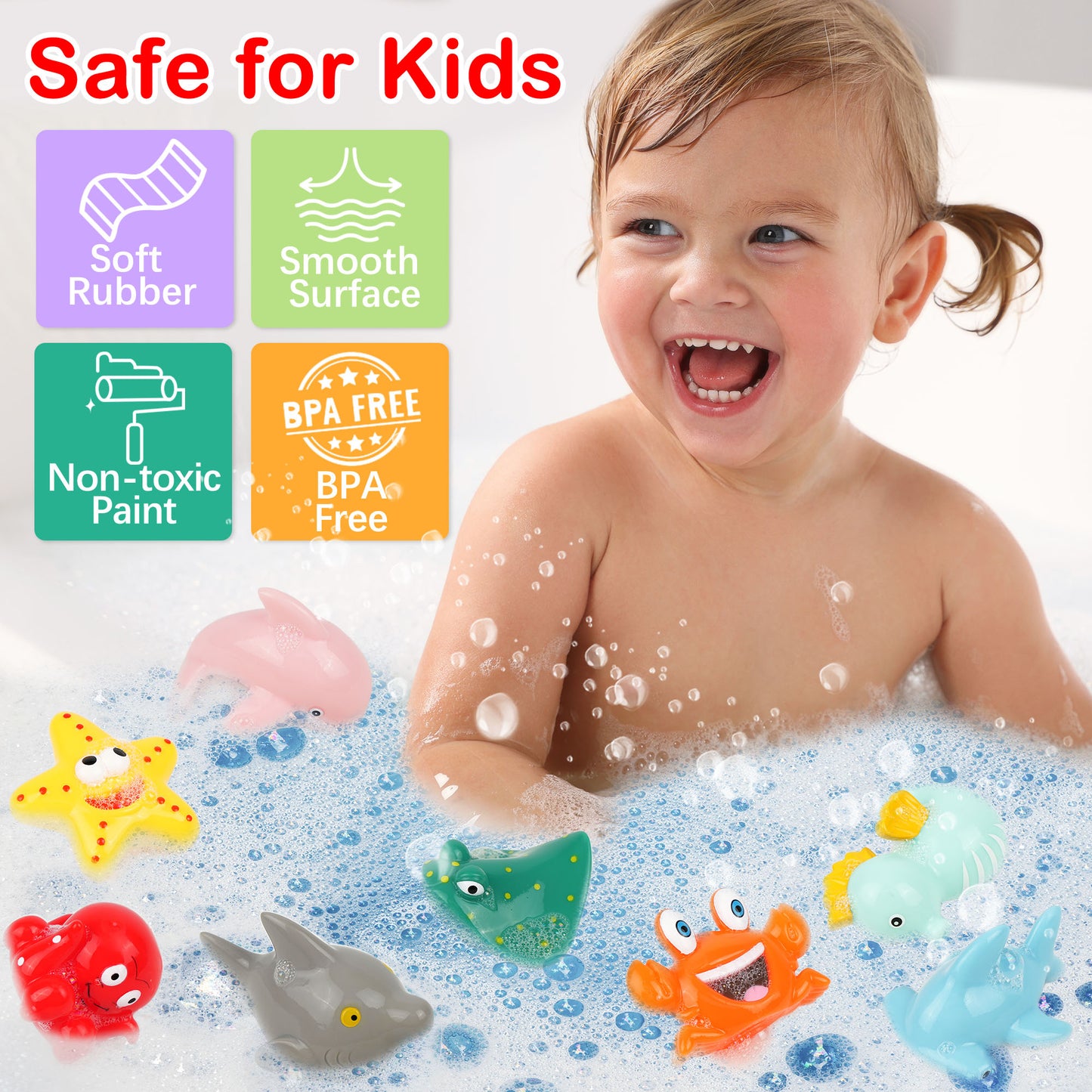 LotFancy 8Pcs Ocean Bath Toys for Toddler Infant, No Hole Mold Free Kids Baby Bath Tub Toys WMT