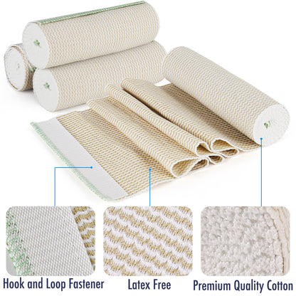 LotFancy 4 Pack Cotton Compression Bandages 6 inches x 15 feet, Hypoallergenic Compression Roll