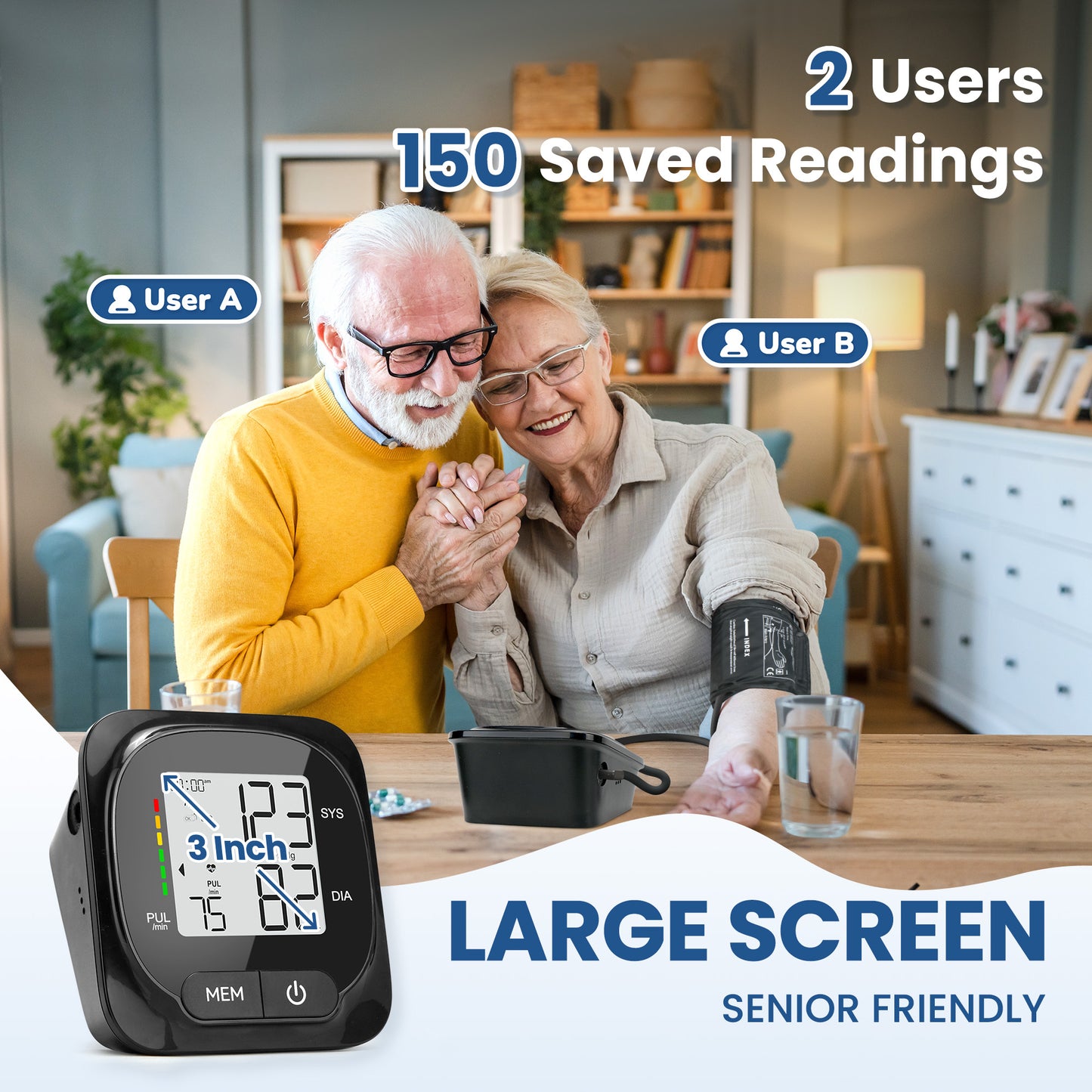 Upper Arm Blood Pressure Monitor for Home Use, Automatic BP Cuff (8.6”-16.5”), Digital Blood Pressure Machine with 2 Power Supply Modes, 2 Users, 150 Reading Memory