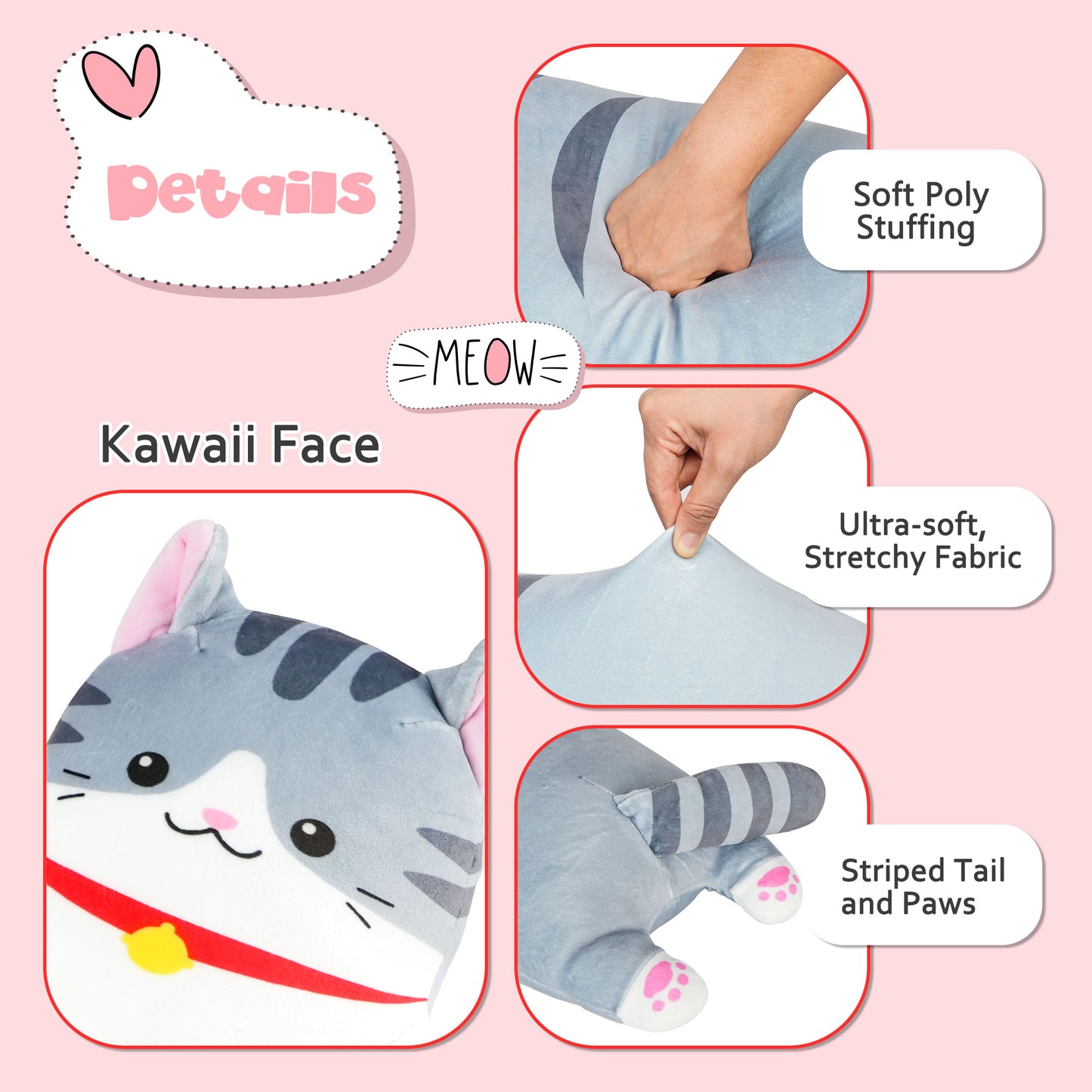 BenBen Long Cat Plush Pillow, Cat Stuffed Animal Body Pillow for Kids, 20 in, Grey