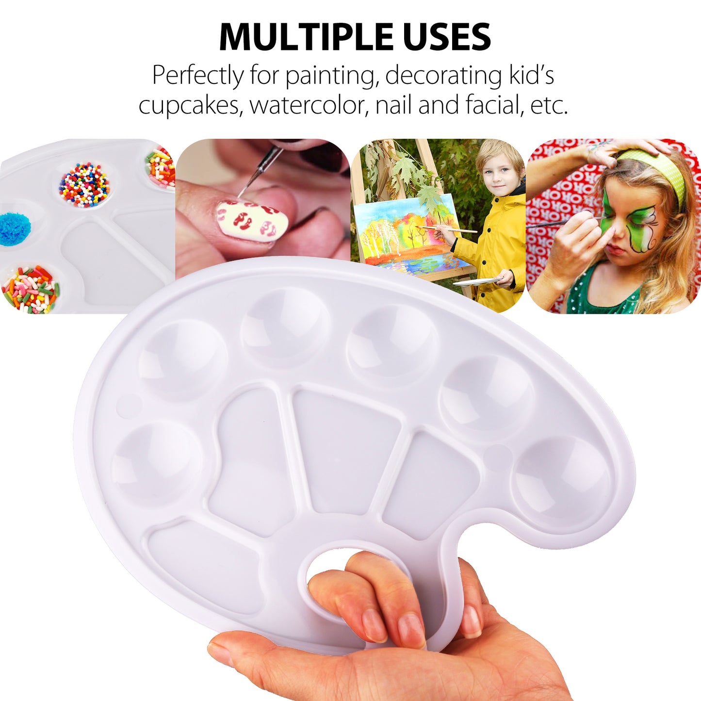 LotFancy Paint Tray Palettes Plastic,Ten Wells with Thumb Hole, Perfect for DIY Craft Art Oil Watercolor Painting, White, Washable