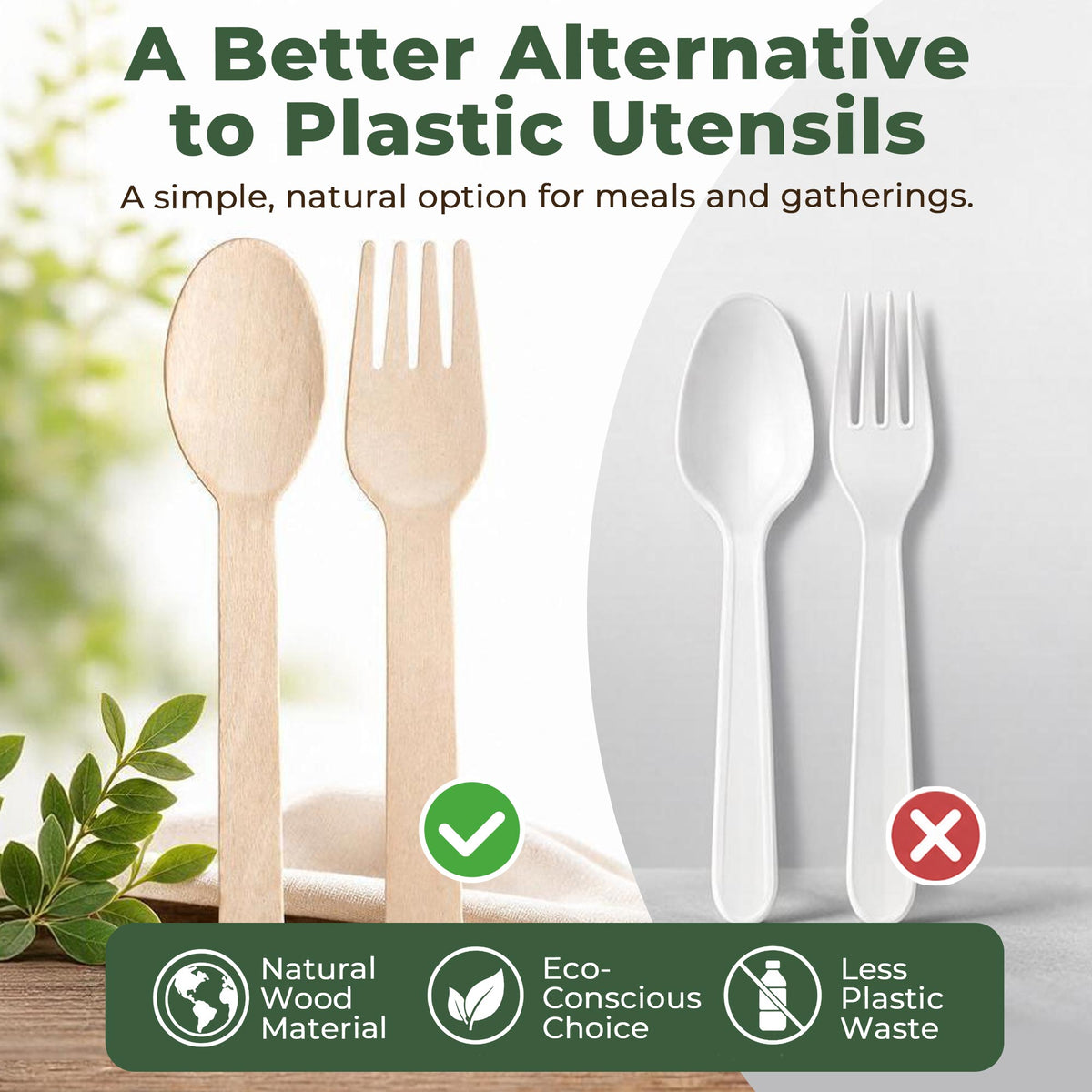 LotFancy 100 Pc Disposable Utensils, Wooden Disposable Cutlery Set,50 Forks, 50 Spoons