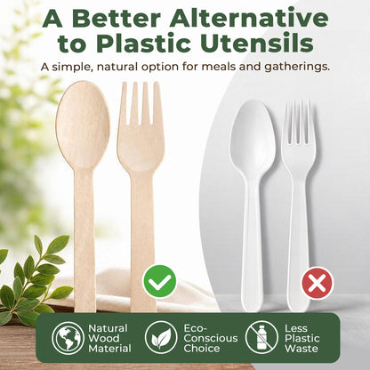 LotFancy 100 Pc Disposable Utensils, Wooden Disposable Cutlery Set,50 Forks, 50 Spoons