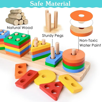 LotFancy Montessori Toys for Ages 1 2 3 Toddlers Boys Girls, Wooden Shape Sorting & Stacking Toy