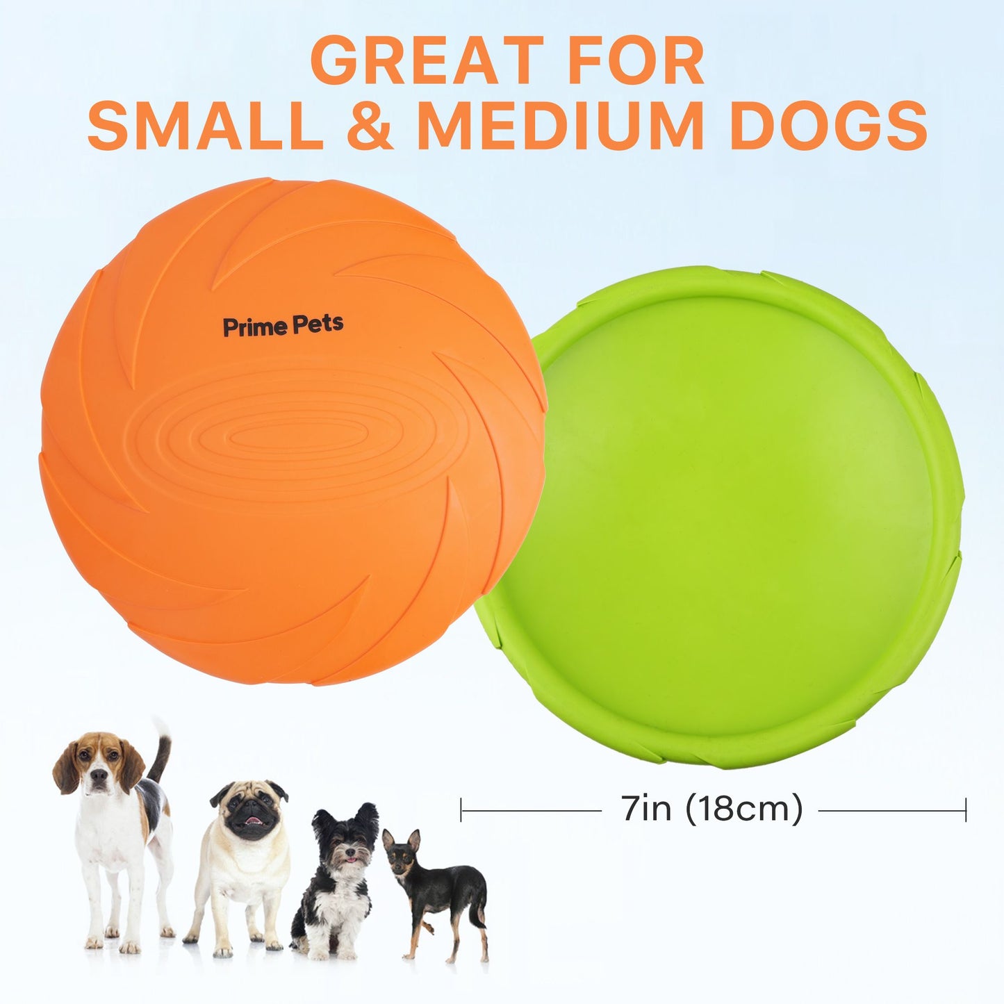 Prime Pets Dog Frisbees, 2 Pack, 7 Inch Dog Flying Disc, Durable Dog Toys, Nature Rubber Floating Flying Saucer for Water Pool Beach, Orange and Green