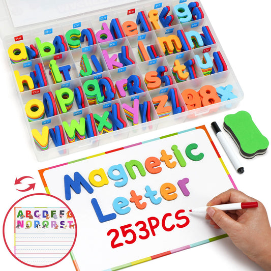LotFancy 253 Pcs Magnets Alphabet Letters and Numbers Kit w/Magnet Board for Kids Spelling, Learning