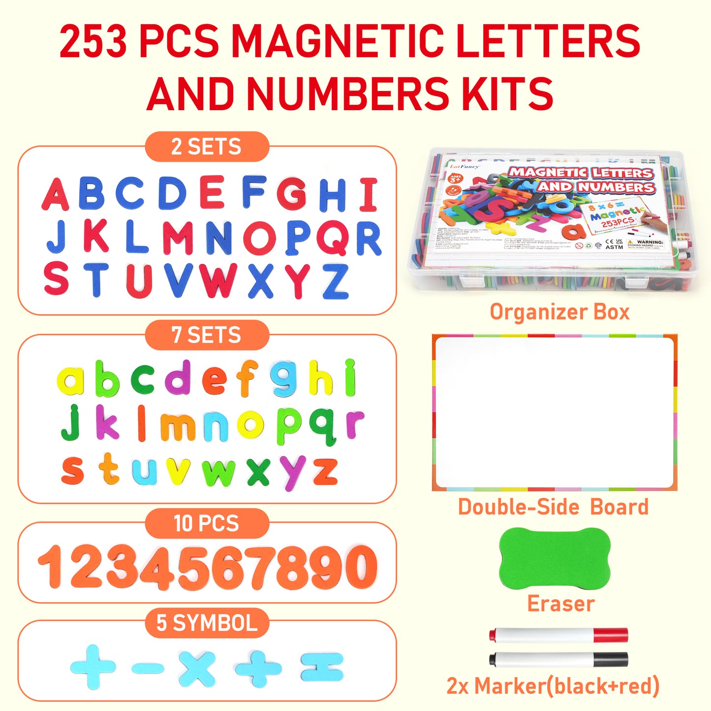 LotFancy 253 Pcs Magnets Alphabet Letters and Numbers Kit w/Magnet Board for Kids Spelling, Learning