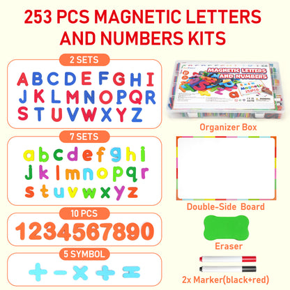 LotFancy 253 Pcs Magnets Alphabet Letters and Numbers Kit w/Magnet Board for Kids Spelling, Learning
