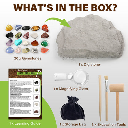 LotFancy Gemstone Dig Kit, 20 Real Gem, Science Kit for Kids Ages 8+, Gift for Boys, Girls, Teens