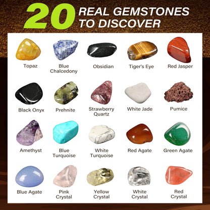 LotFancy Gemstone Dig Kit, 20 Real Gem, Science Kit for Kids Ages 8+, Gift for Boys, Girls, Teens