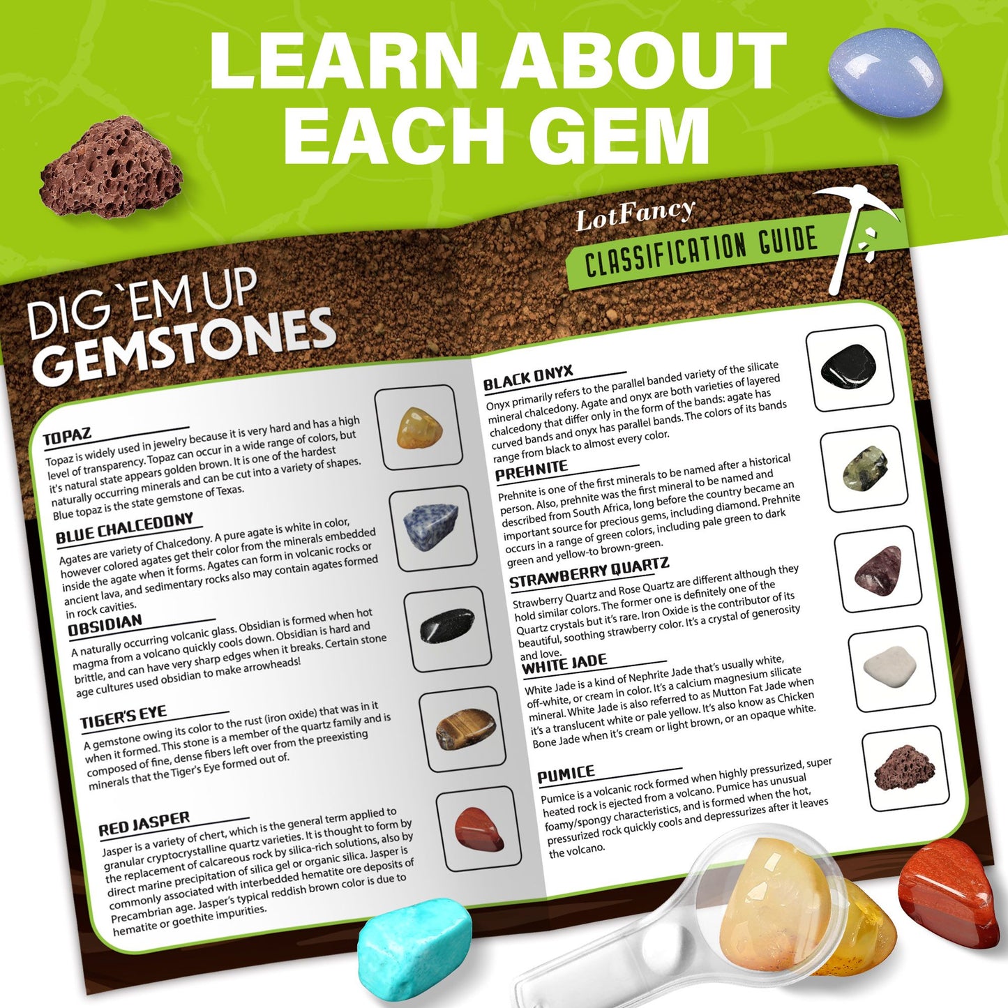 LotFancy Gemstone Dig Kit, 20 Real Gem, Science Kit for Kids Ages 8+, Gift for Boys, Girls, Teens