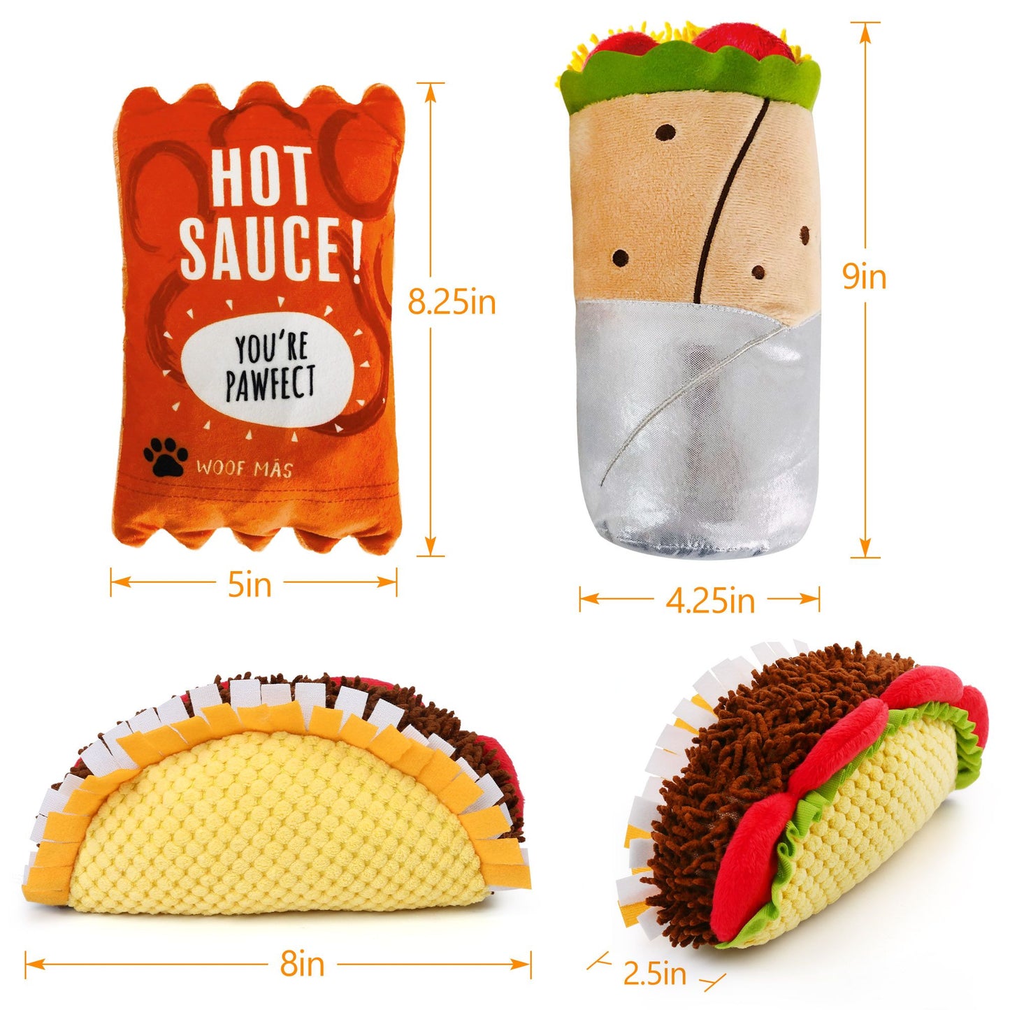 Prime Pets 3Pcs Plush Dog Toy Set, Cute Taco Dog Squeaky Toys for Small Medium Dogs