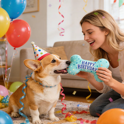Prime Pets Dog Birthday Toys, Plush Dog Squeaky Toys, Dog Chew Toys Bone for Small Medium Large Dogs