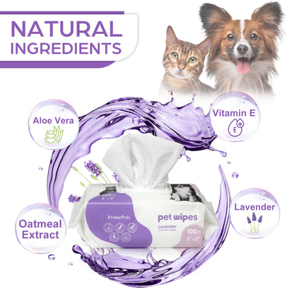 Prime Pets 8x8 in Pet Grooming Wipes for Dogs Cats, Jumbo Deodorizing Wipes, Lavender Scented,400 Ct