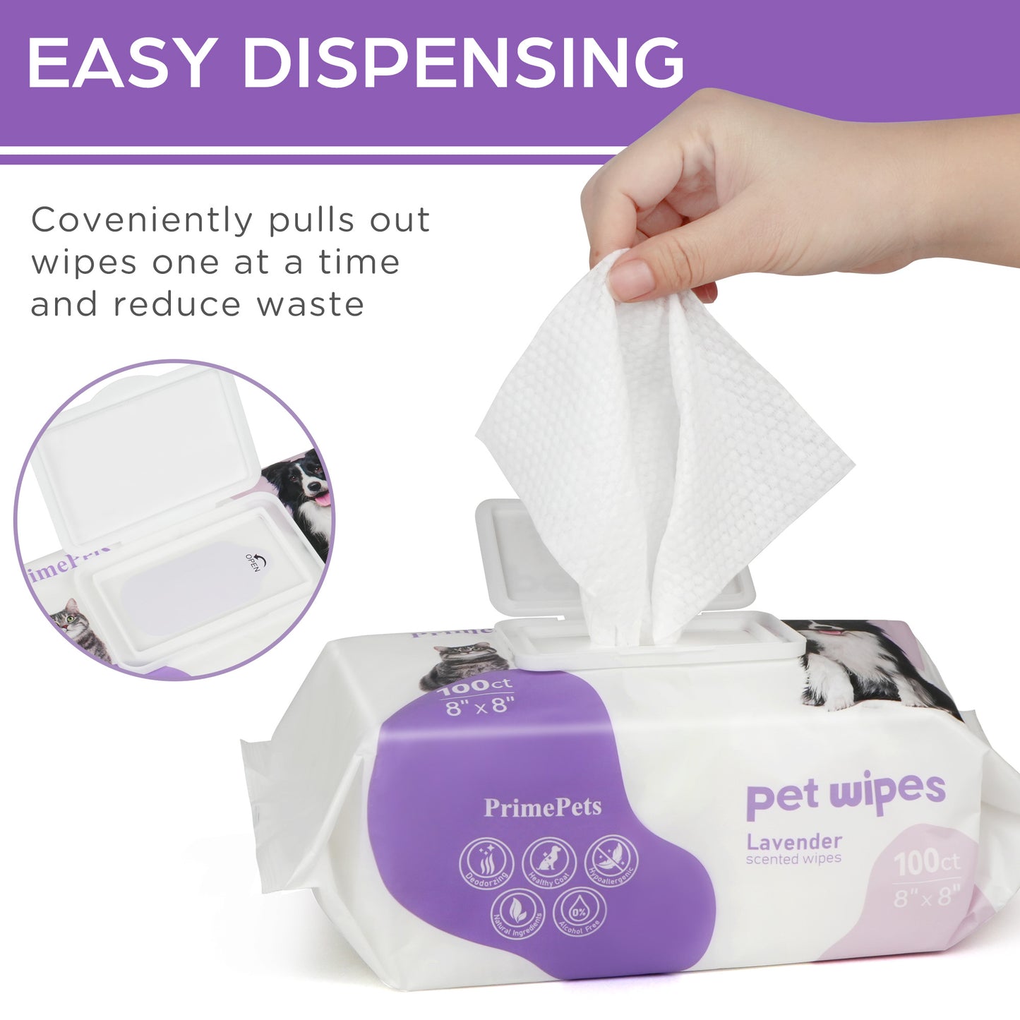 Prime Pets 8x8 in Pet Grooming Wipes for Dogs Cats, Jumbo Deodorizing Wipes, Lavender Scented,400 Ct