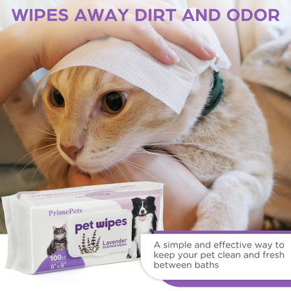 Prime Pets Pet Grooming Wipes for Dogs Cats, 8x8 in Jumbo Deodorizing Wipes, Lavender Scented,100 Ct