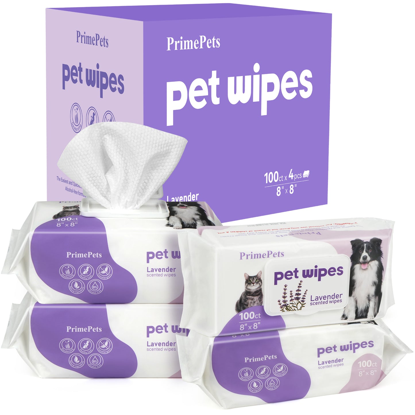 Prime Pets 8x8 in Pet Grooming Wipes for Dogs Cats, Jumbo Deodorizing Wipes, Lavender Scented,400 Ct