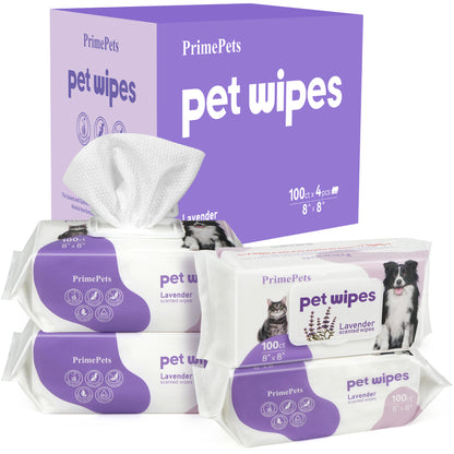 Prime Pets 8x8 in Pet Grooming Wipes for Dogs Cats, Jumbo Deodorizing Wipes, Lavender Scented,400 Ct