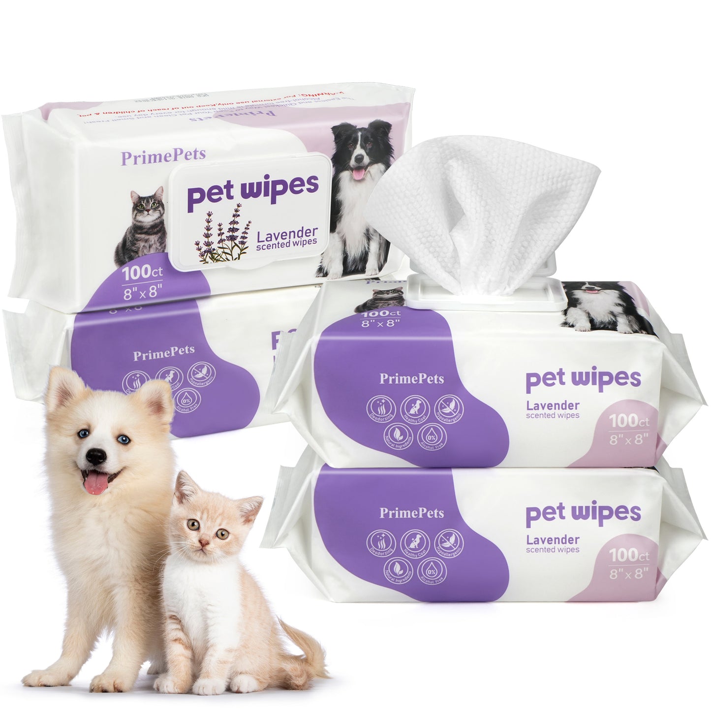 Prime Pets 8x8 in Pet Grooming Wipes for Dogs Cats, Jumbo Deodorizing Wipes, Lavender Scented,400 Ct