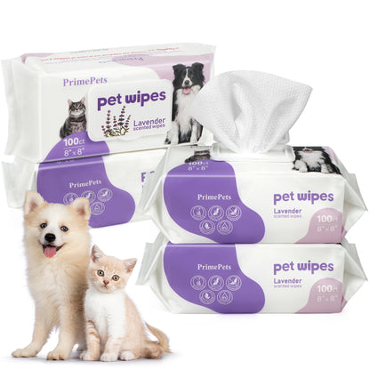 Prime Pets 8x8 in Pet Grooming Wipes for Dogs Cats, Jumbo Deodorizing Wipes, Lavender Scented,400 Ct