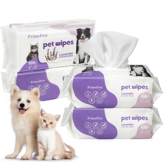 Prime Pets 8x8 in Pet Grooming Wipes for Dogs Cats, Jumbo Deodorizing Wipes, Lavender Scented,400 Ct