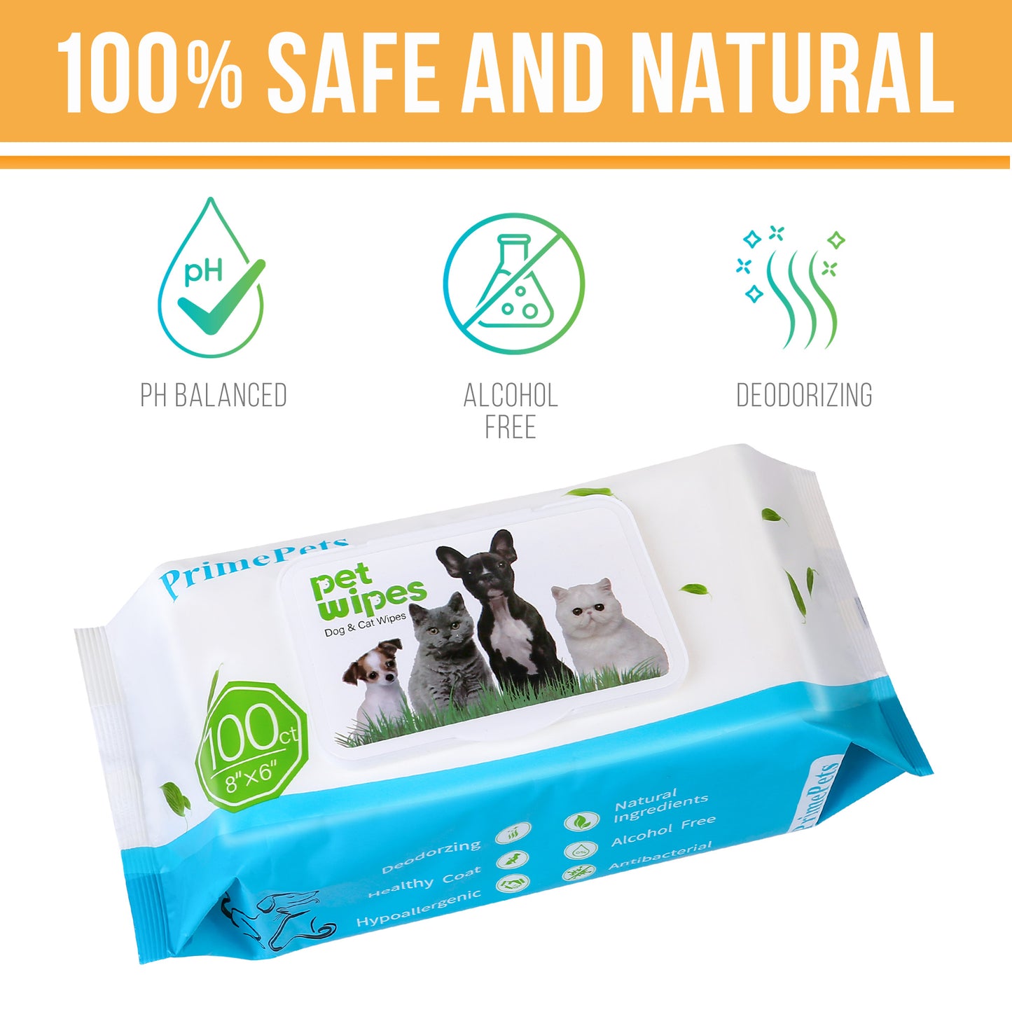 Prime Pets 300 Count Dogs Cats Grooming Wipes, Pet Cleaning Deodorizing Wipes,100CT per Pack