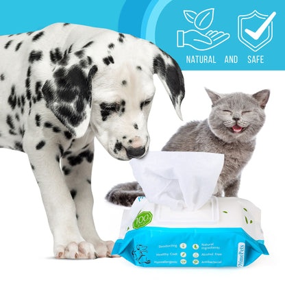 Prime Pets 300 Count Dogs Cats Grooming Wipes, Pet Cleaning Deodorizing Wipes,100CT per Pack