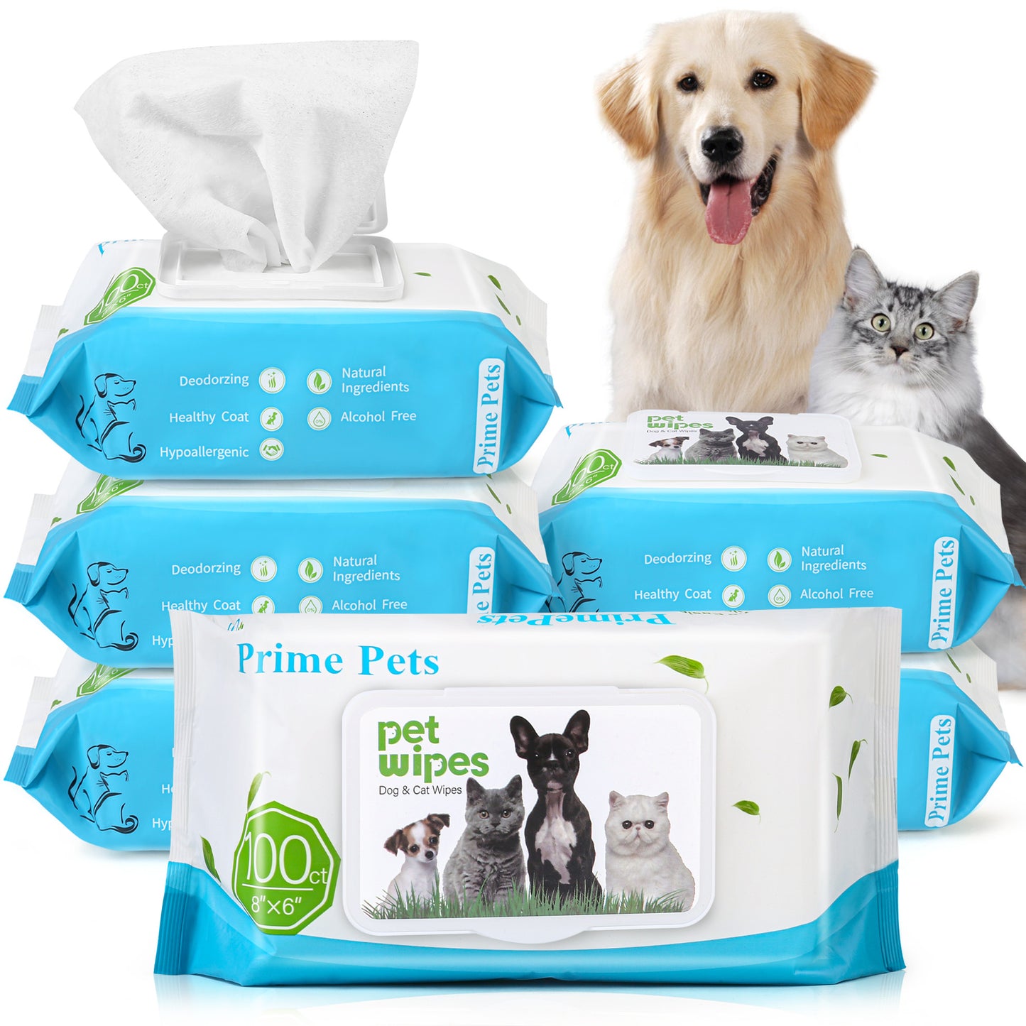 Prime Pets Dog Wipes Cleaning Deodorizing, Pet Grooming Wipes 8" x 6", Fragrance Free, 100ct per Pack(1, 3, 6 Pack) Cat Wipes for Paws Face Butt Eyes Ears