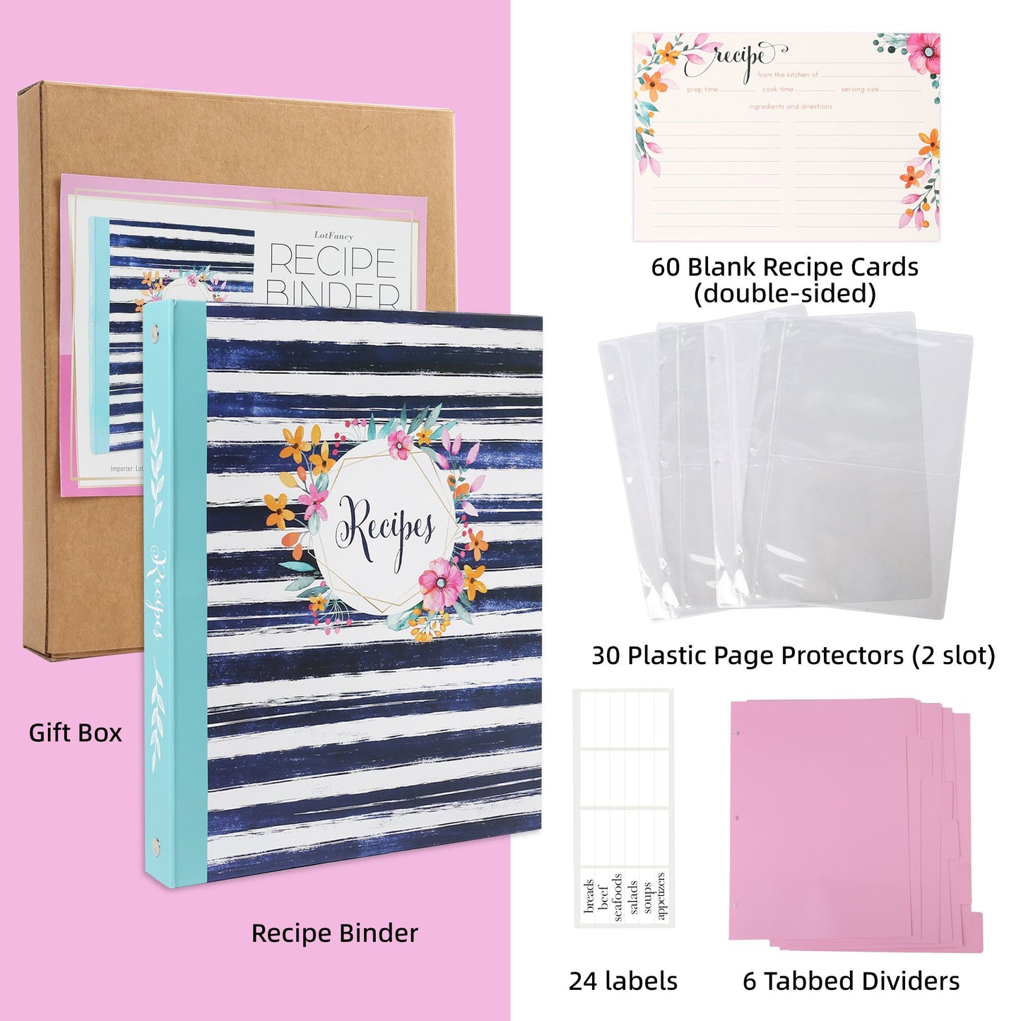 LotFancy Recipe Binder, with Blank Recipe Cards, Plastic Page Protectors, Tabbed Dividers, Labels - Kitchen Recipe Card Cookbook Binder Organizer Kit