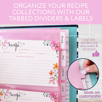 LotFancy Recipe Binder, with Blank Recipe Cards, Plastic Page Protectors, Tabbed Dividers, Labels - Kitchen Recipe Card Cookbook Binder Organizer Kit
