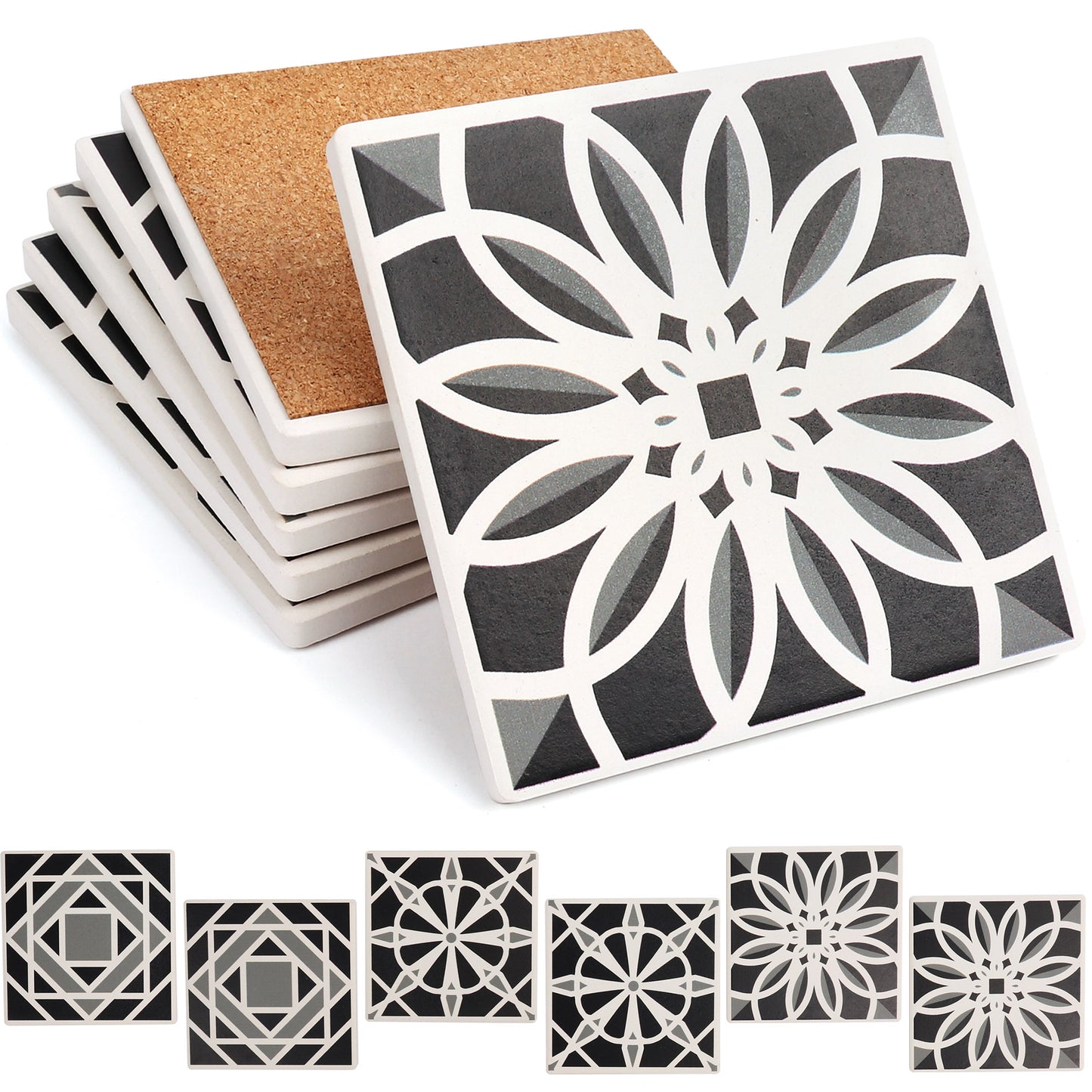 LotFancy 6Pcs Coasters for Drinks Absorbent, 4" x 4" Square Coasters Set, with Non-Slip Cork Base