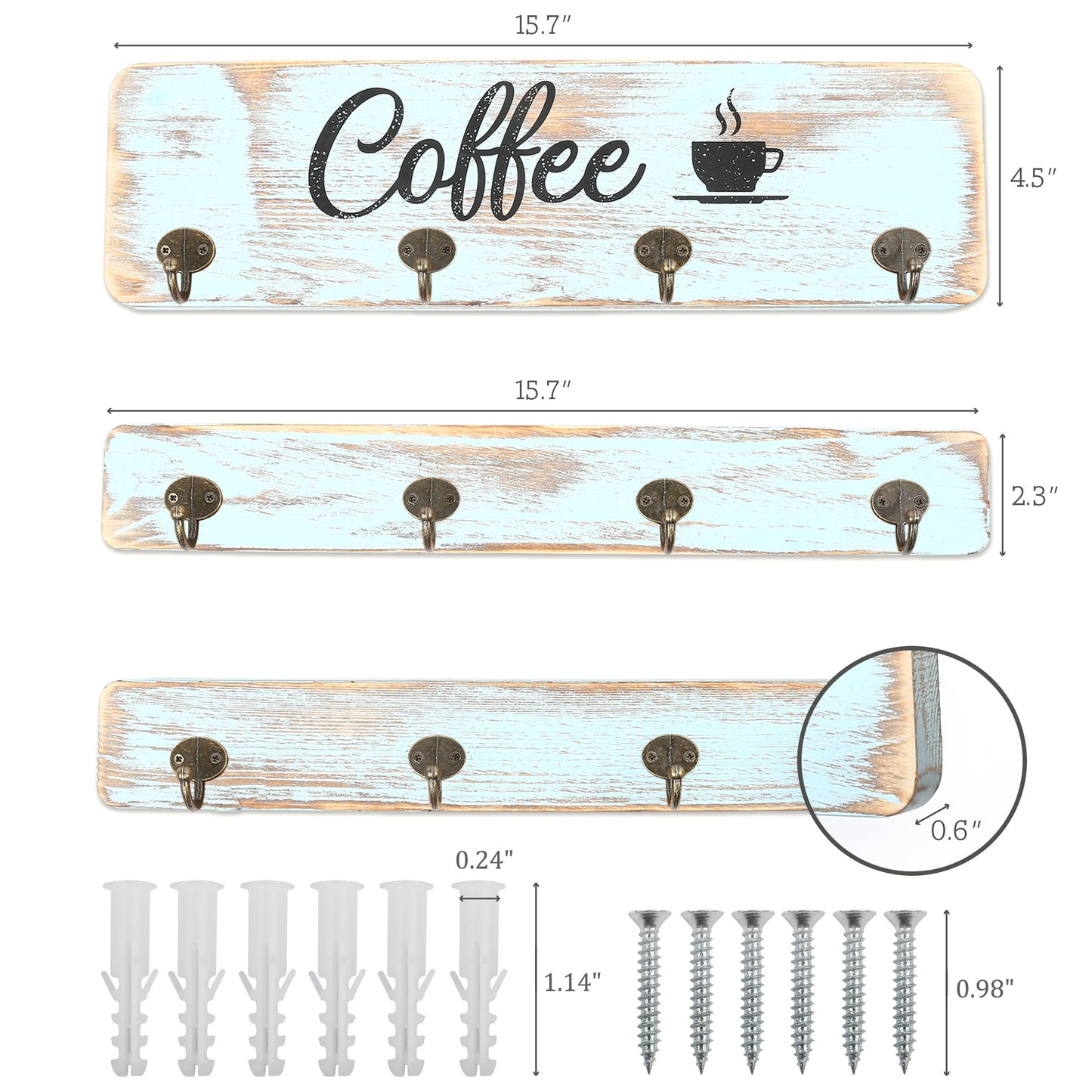 LotFancy Coffee Mug Holder, Rustic Mug Rack Wall Mounted, 4 Coffee Cup Hangers for Kitchen Organizer