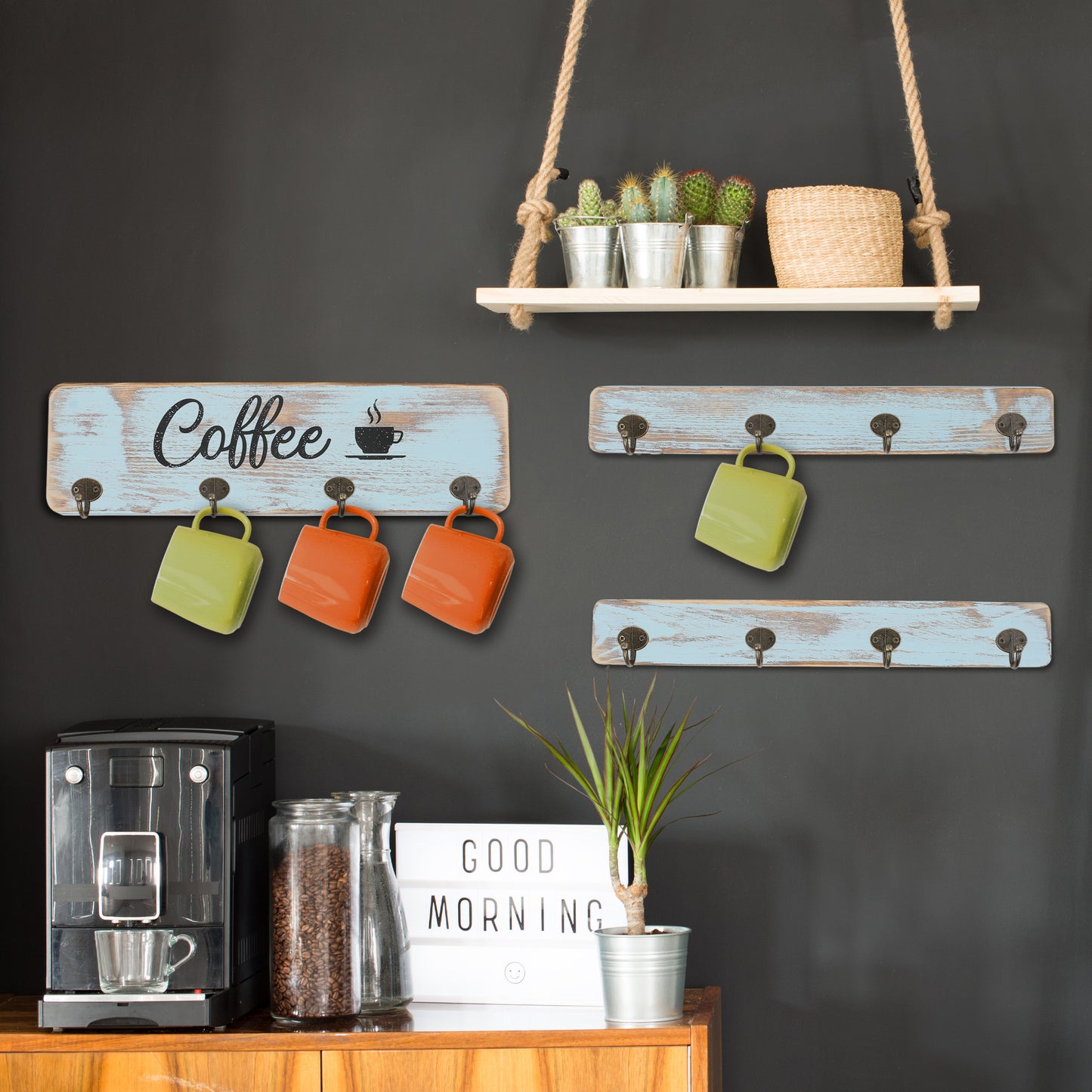 LotFancy Coffee Mug Holder, Rustic Mug Rack Wall Mounted, 4 Coffee Cup Hangers for Kitchen Organizer