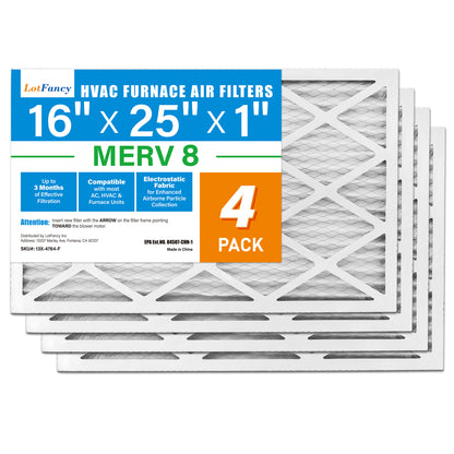 LotFancy 16x25x1 Air Filters, 4 Pack, MERV 8 Pleated HVAC AC Furnace Filters