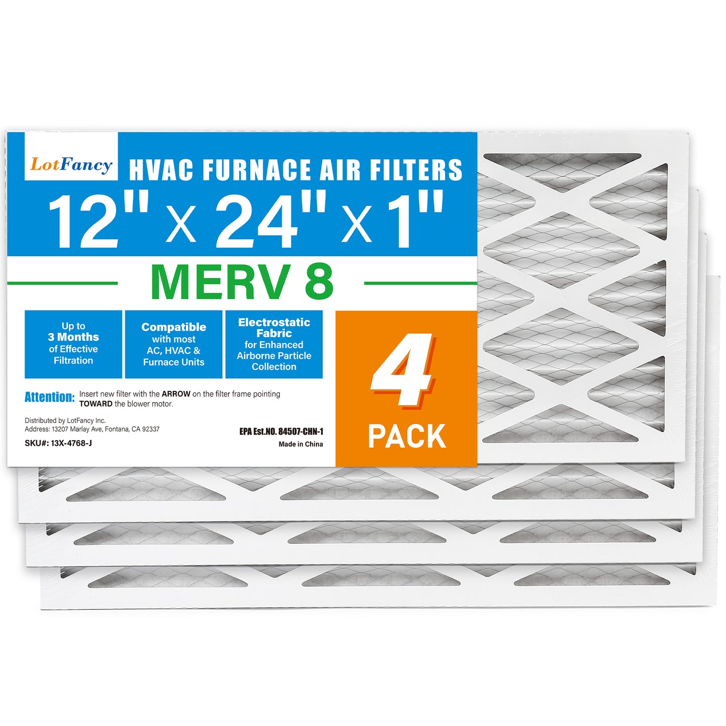 LotFancy 12x24x1 Air Filters, 4 Pack, MERV 8 Pleated HVAC AC Furnace Filters