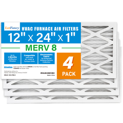 LotFancy 12x24x1 Air Filters, 4 Pack, MERV 8 Pleated HVAC AC Furnace Filters